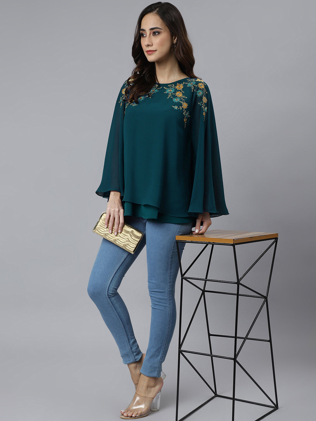 Aqua Blue Georgette Embroidered Casual A Line Ethnic Top Silae