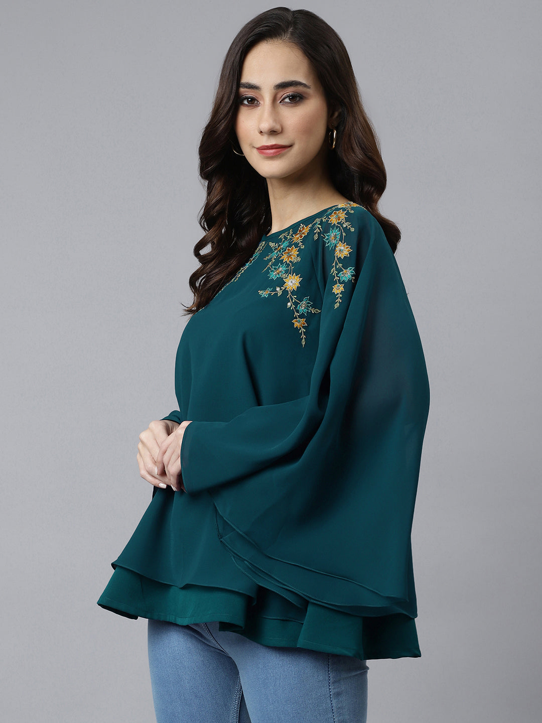 Aqua Blue Georgette Embroidered Casual A Line Ethnic Top Silae