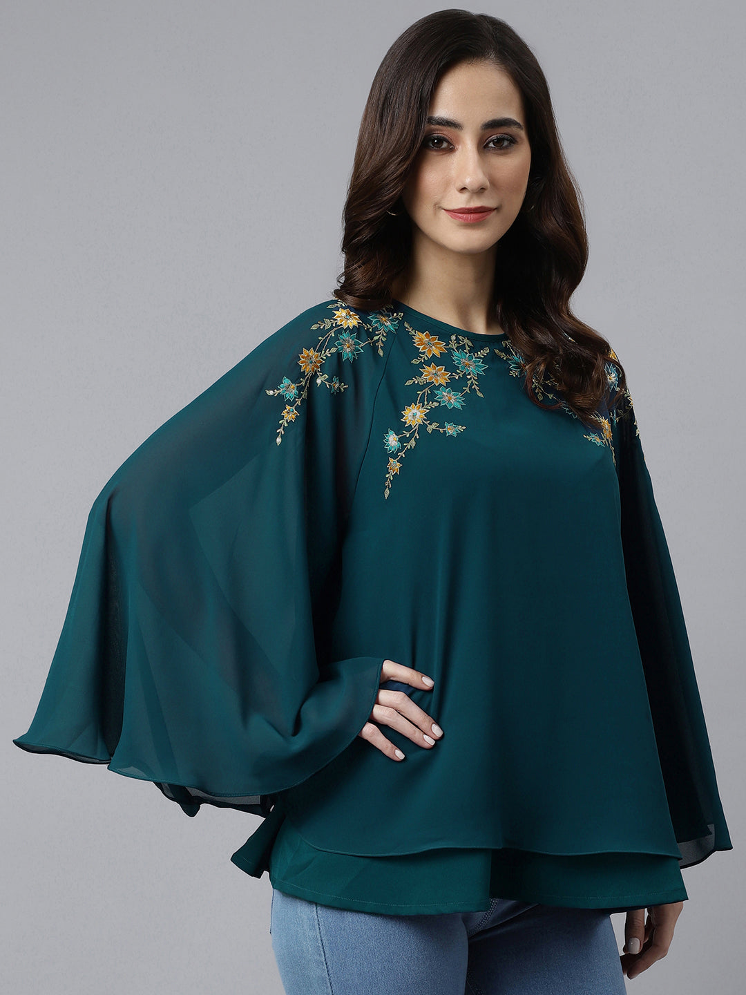 Aqua Blue Georgette Embroidered Casual A Line Ethnic Top Silae