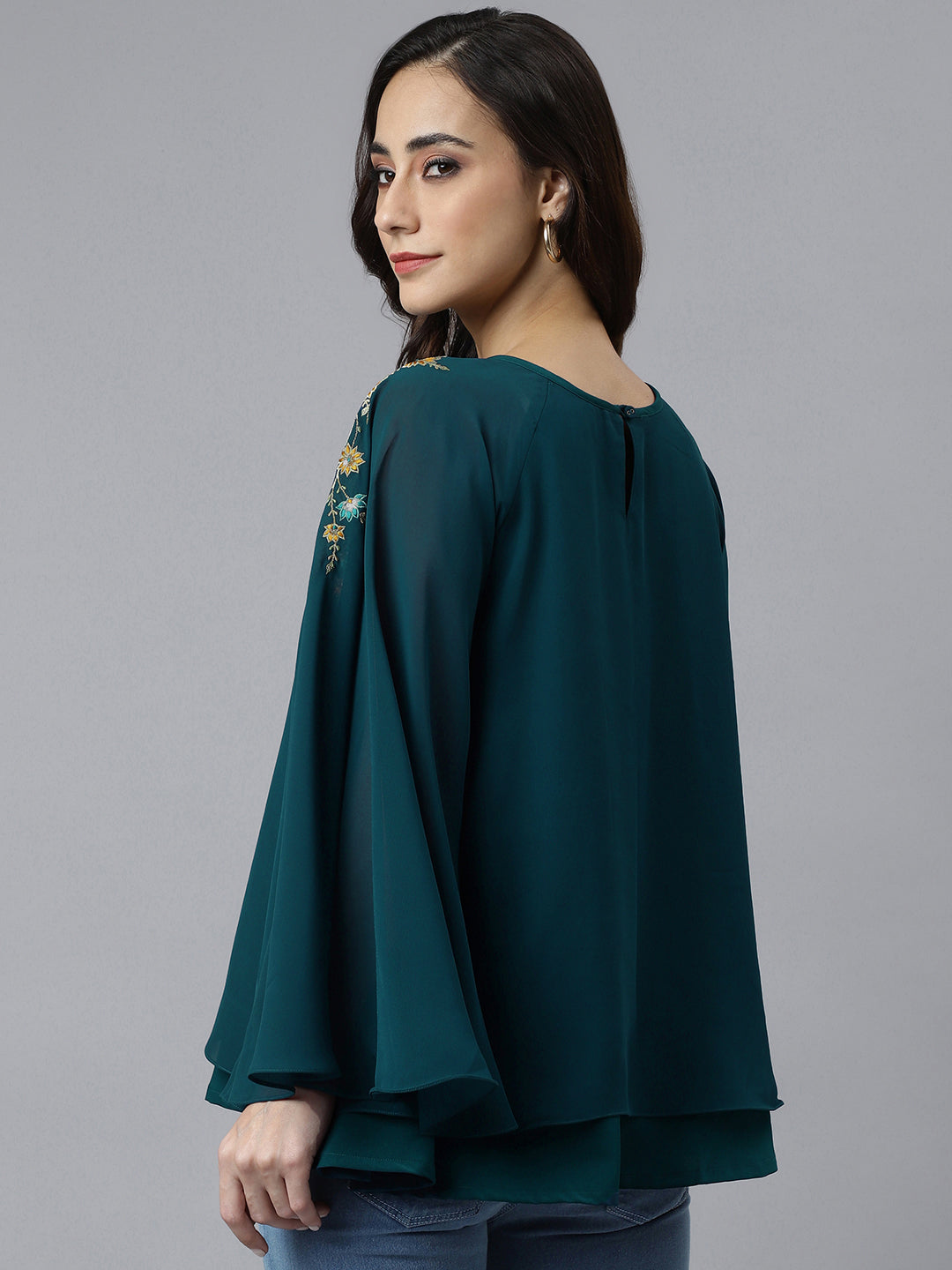 Aqua Blue Georgette Embroidered Casual A Line Ethnic Top Silae