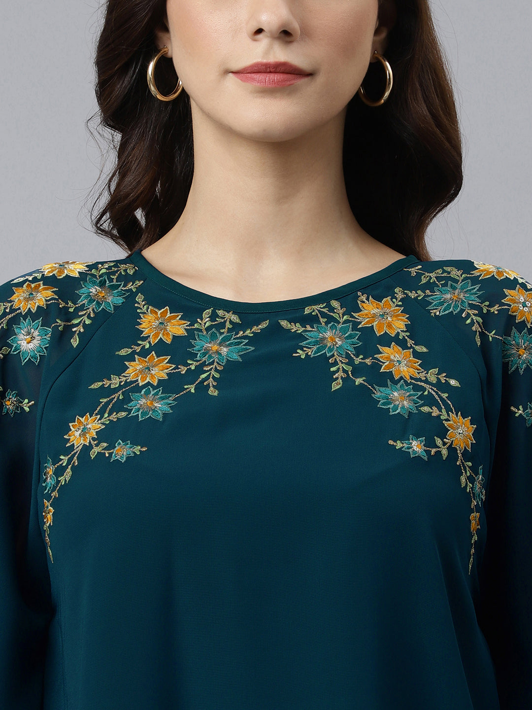 Aqua Blue Georgette Embroidered Casual A Line Ethnic Top Silae