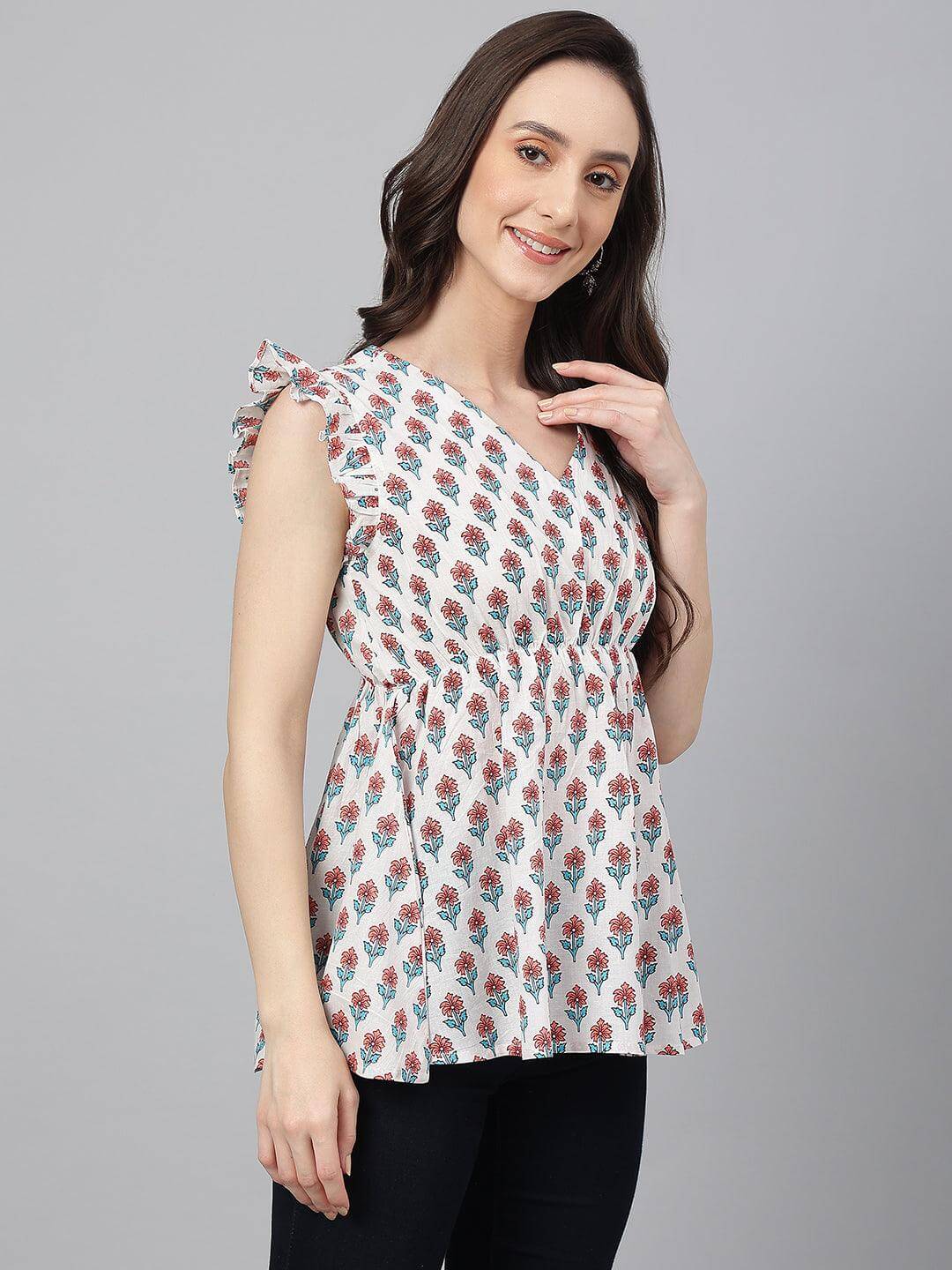 White Cotton Floral Print Flared Top Silae