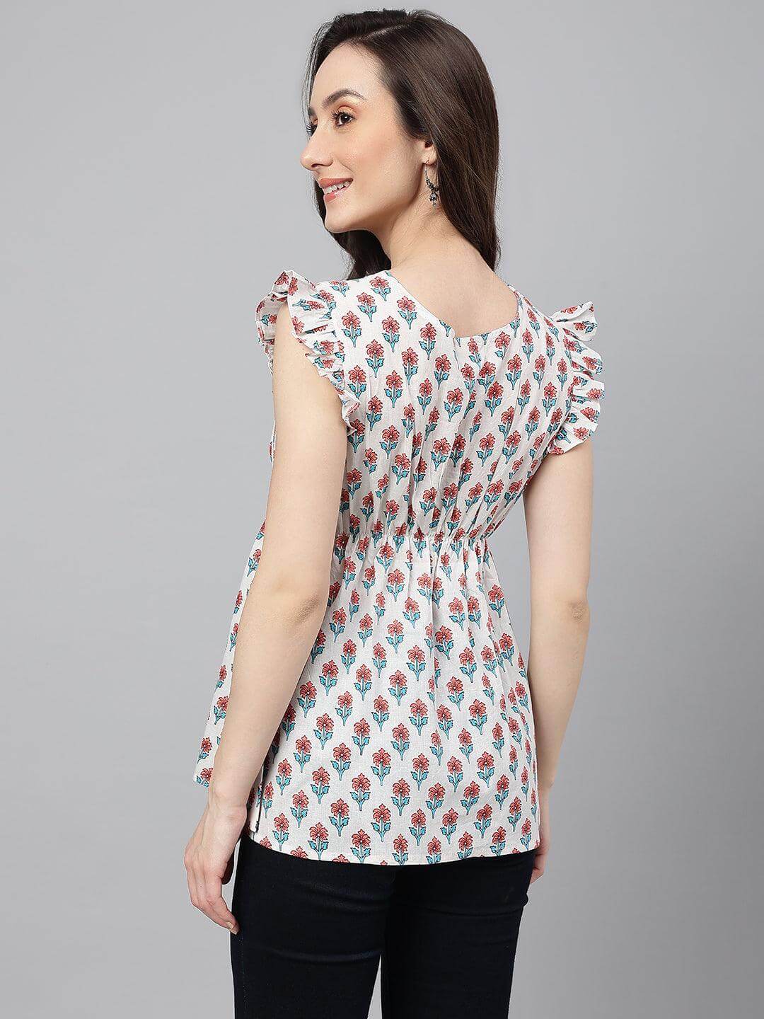 White Cotton Floral Print Flared Top Silae