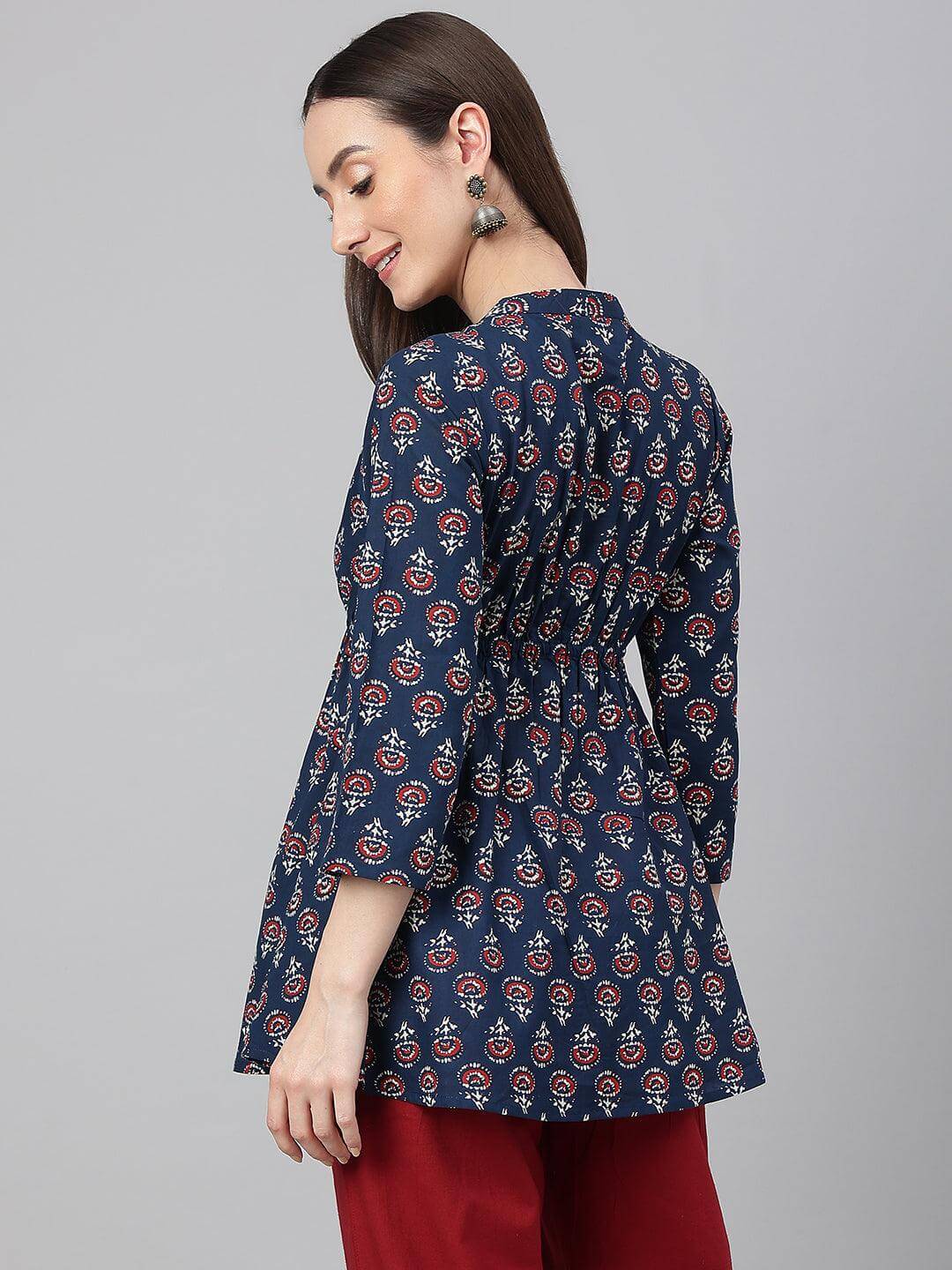 Navy Blue Cotton Floral Print Peplum Top Silae