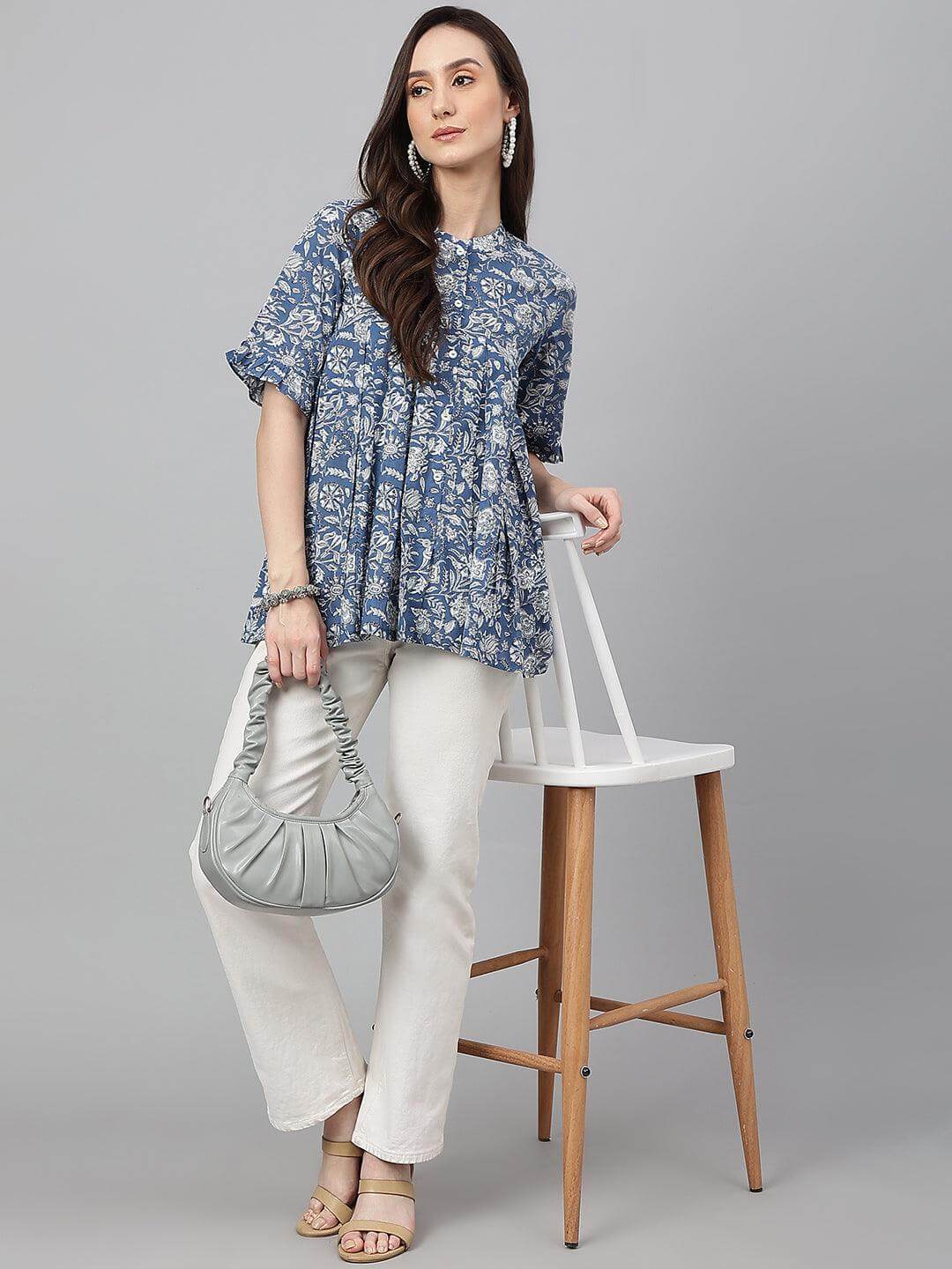 Ink Blue Cotton Floral Print Flared Top Silae