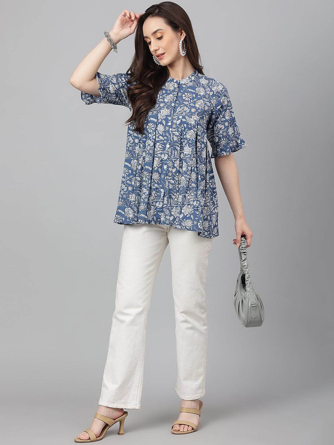 Ink Blue Cotton Floral Print Flared Top Silae