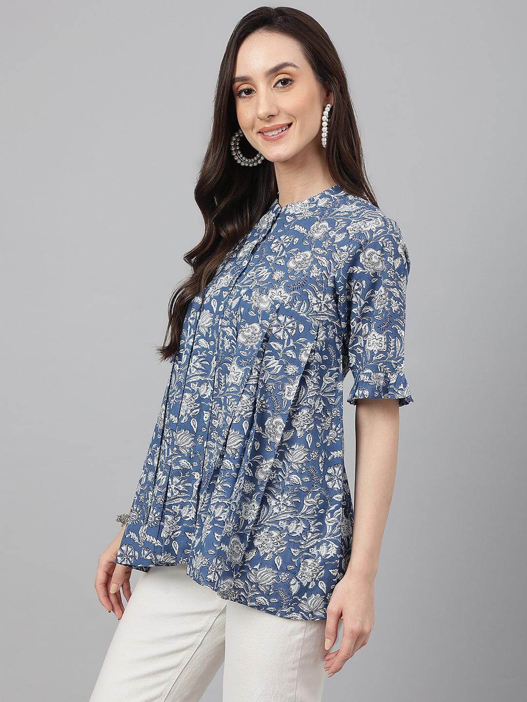 Ink Blue Cotton Floral Print Flared Top Silae