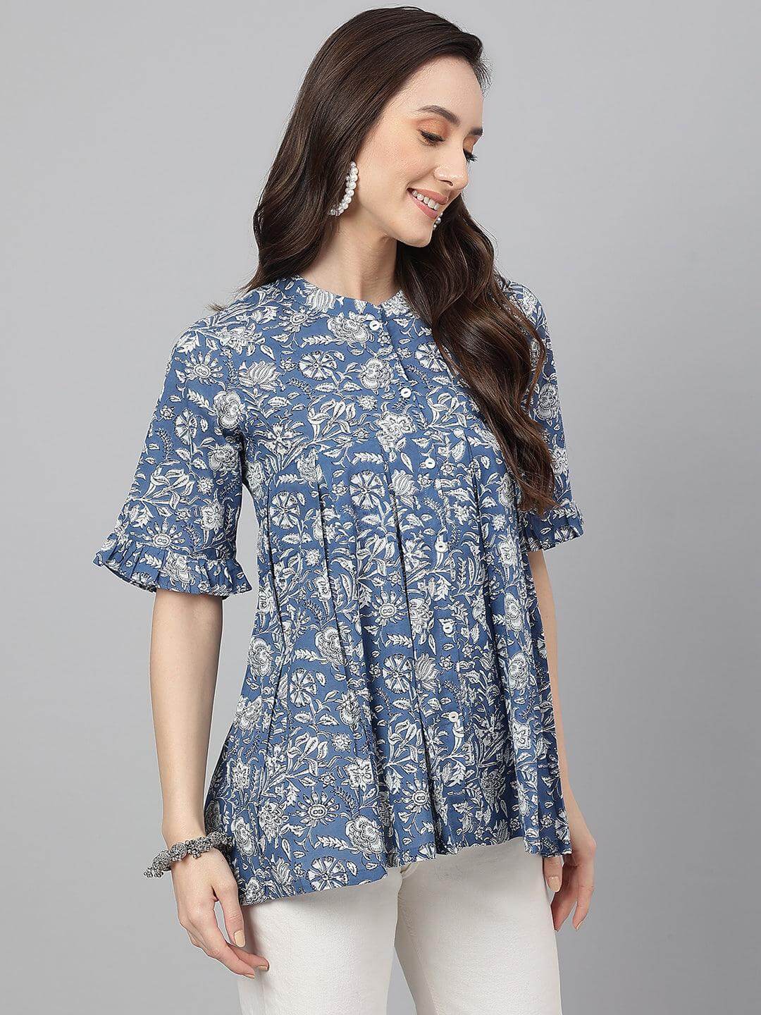 Ink Blue Cotton Floral Print Flared Top Silae
