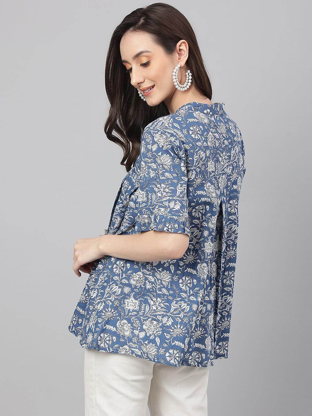 Ink Blue Cotton Floral Print Flared Top Silae