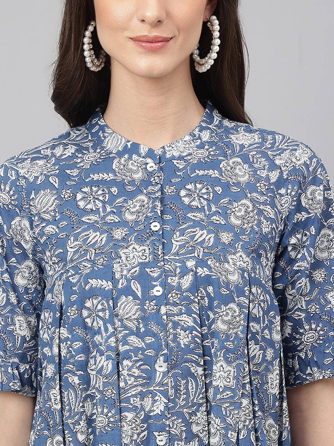 Ink Blue Cotton Floral Print Flared Top Silae
