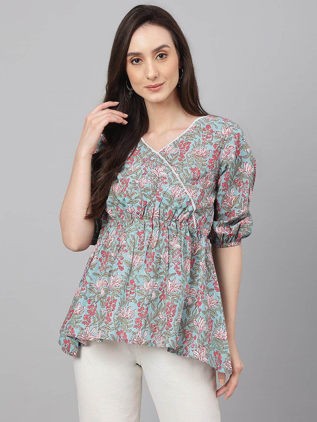 Aqua Blue Cotton Floral Print Peplum Ethnic Top Silae
