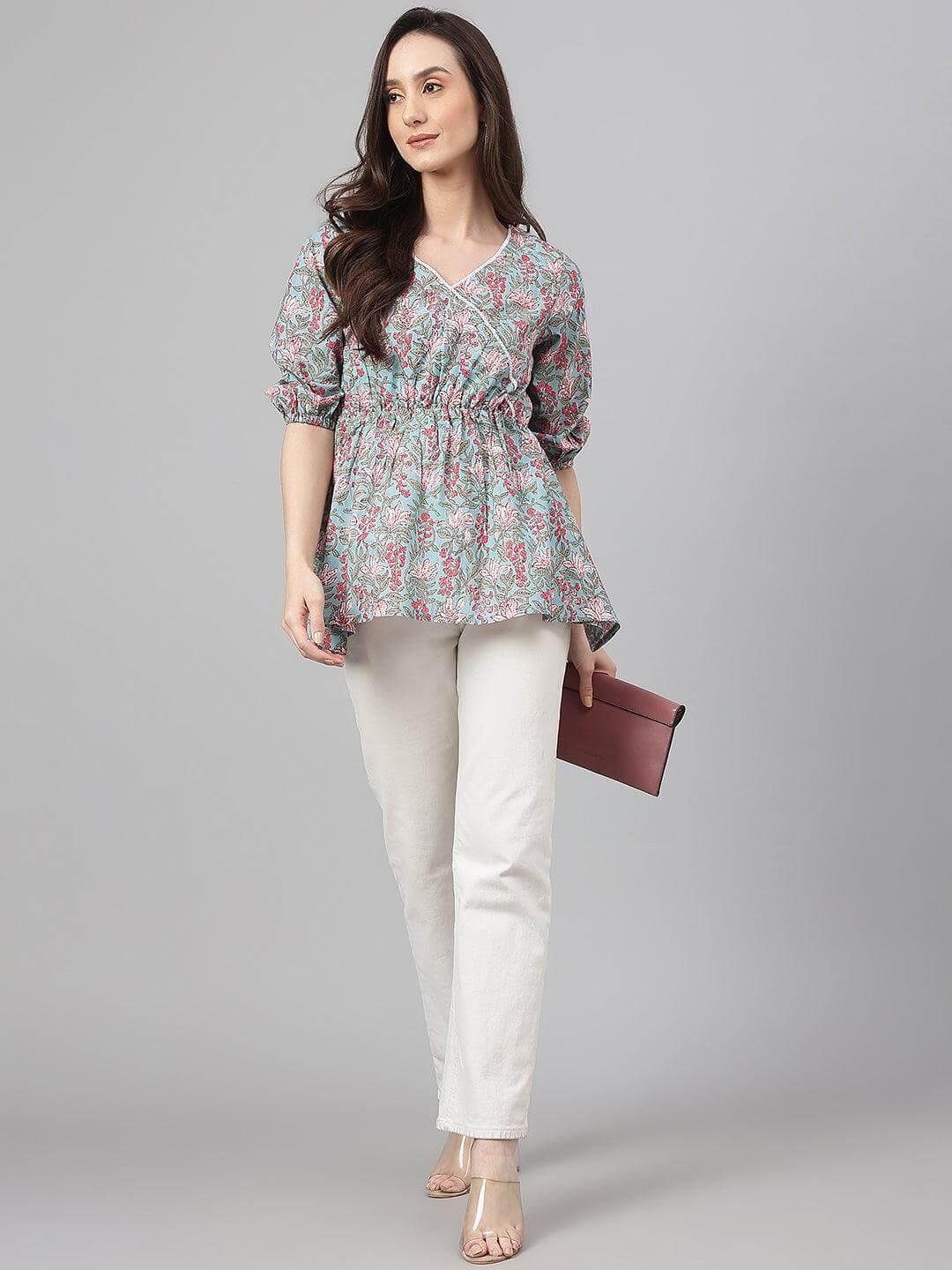 Aqua Blue Cotton Floral Print Peplum Ethnic Top Silae