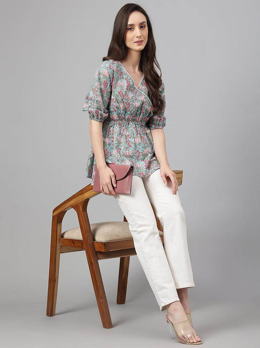 Aqua Blue Cotton Floral Print Peplum Ethnic Top Silae