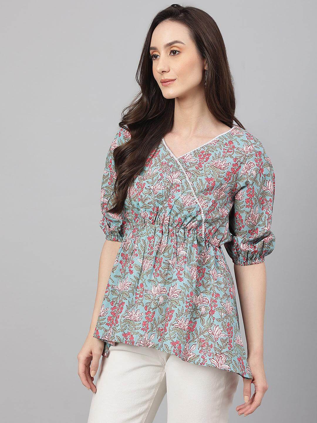 Aqua Blue Cotton Floral Print Peplum Ethnic Top Silae