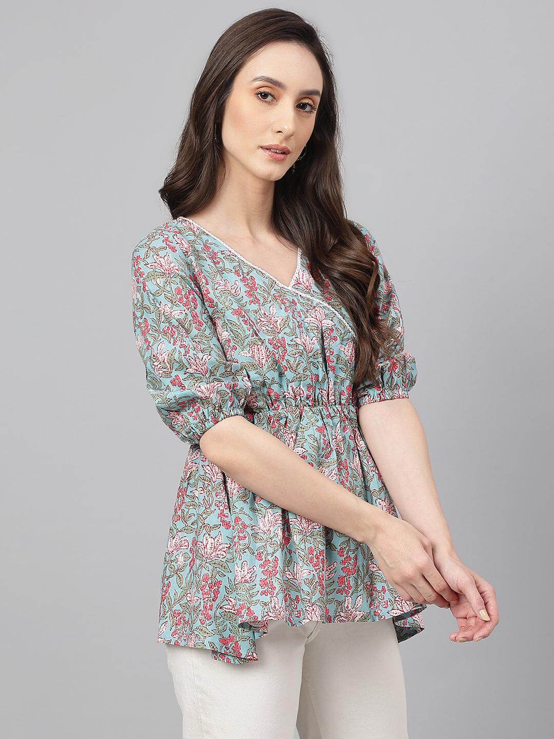 Aqua Blue Cotton Floral Print Peplum Ethnic Top Silae