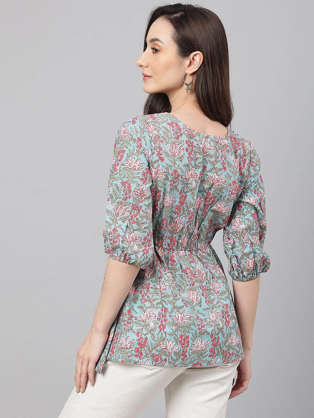 Aqua Blue Cotton Floral Print Peplum Ethnic Top Silae