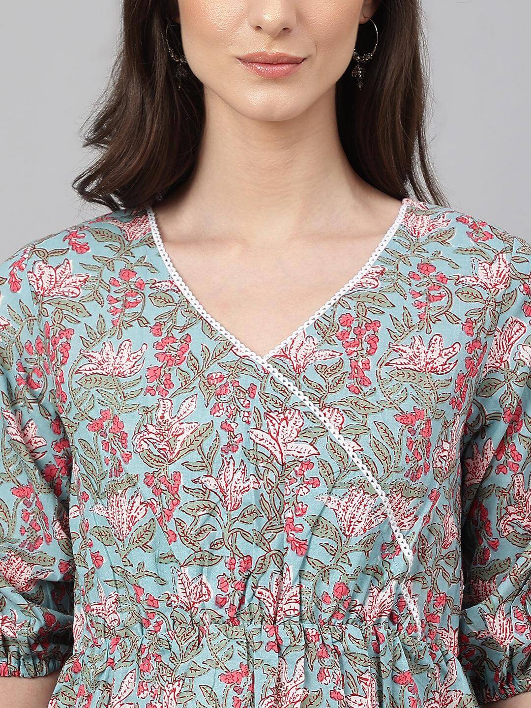 Aqua Blue Cotton Floral Print Peplum Ethnic Top Silae