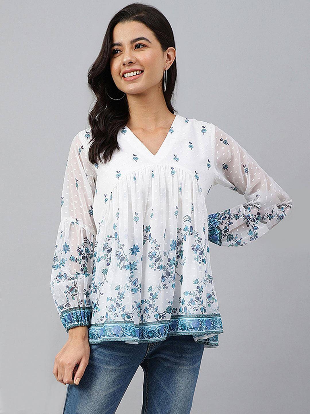White Georgette Digital Print Flared Top Silae