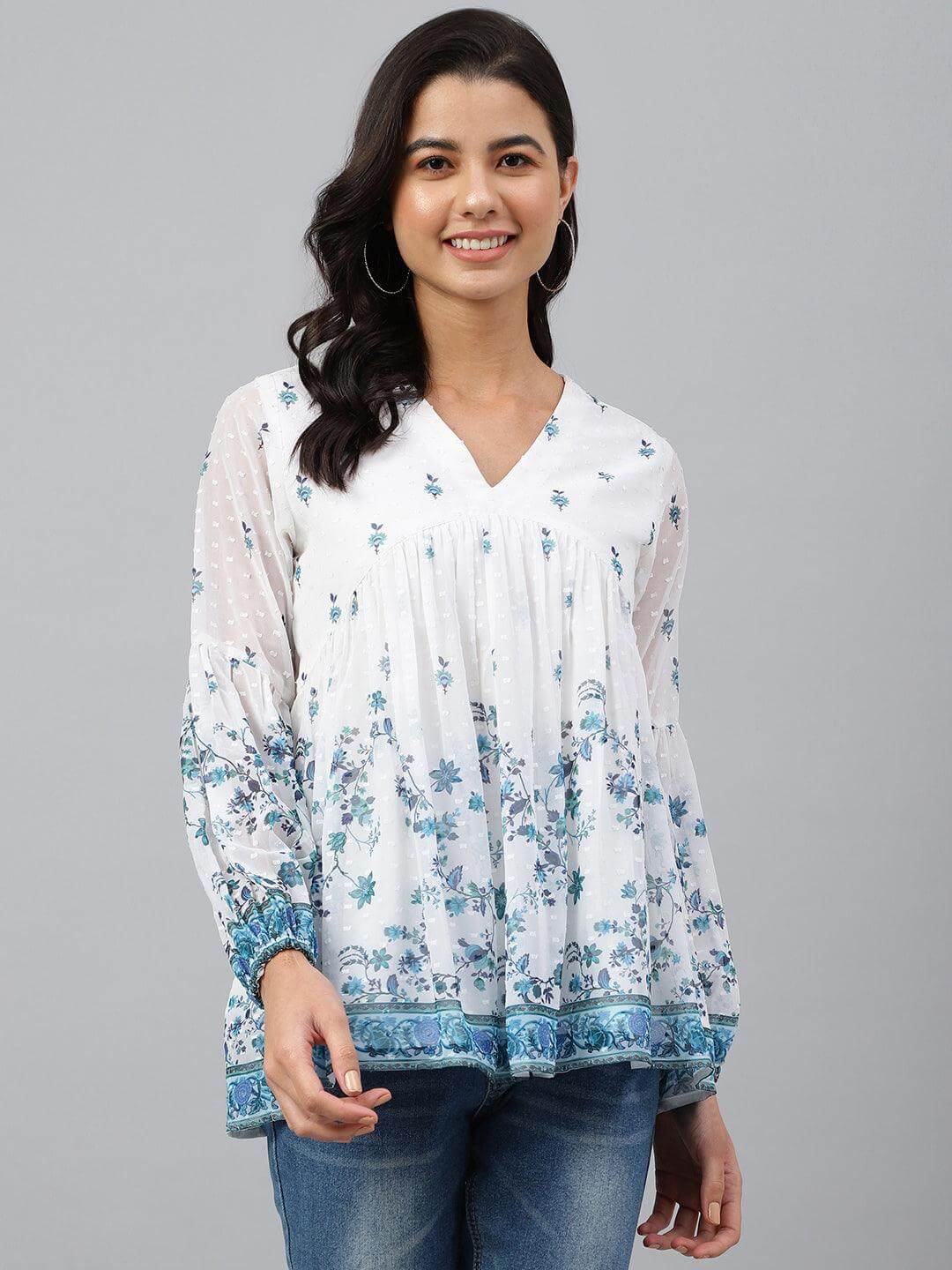 White Georgette Digital Print Flared Top Silae