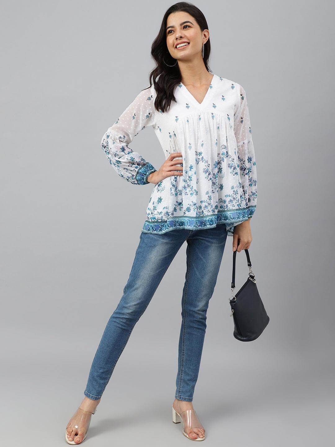 White Georgette Digital Print Flared Top Silae