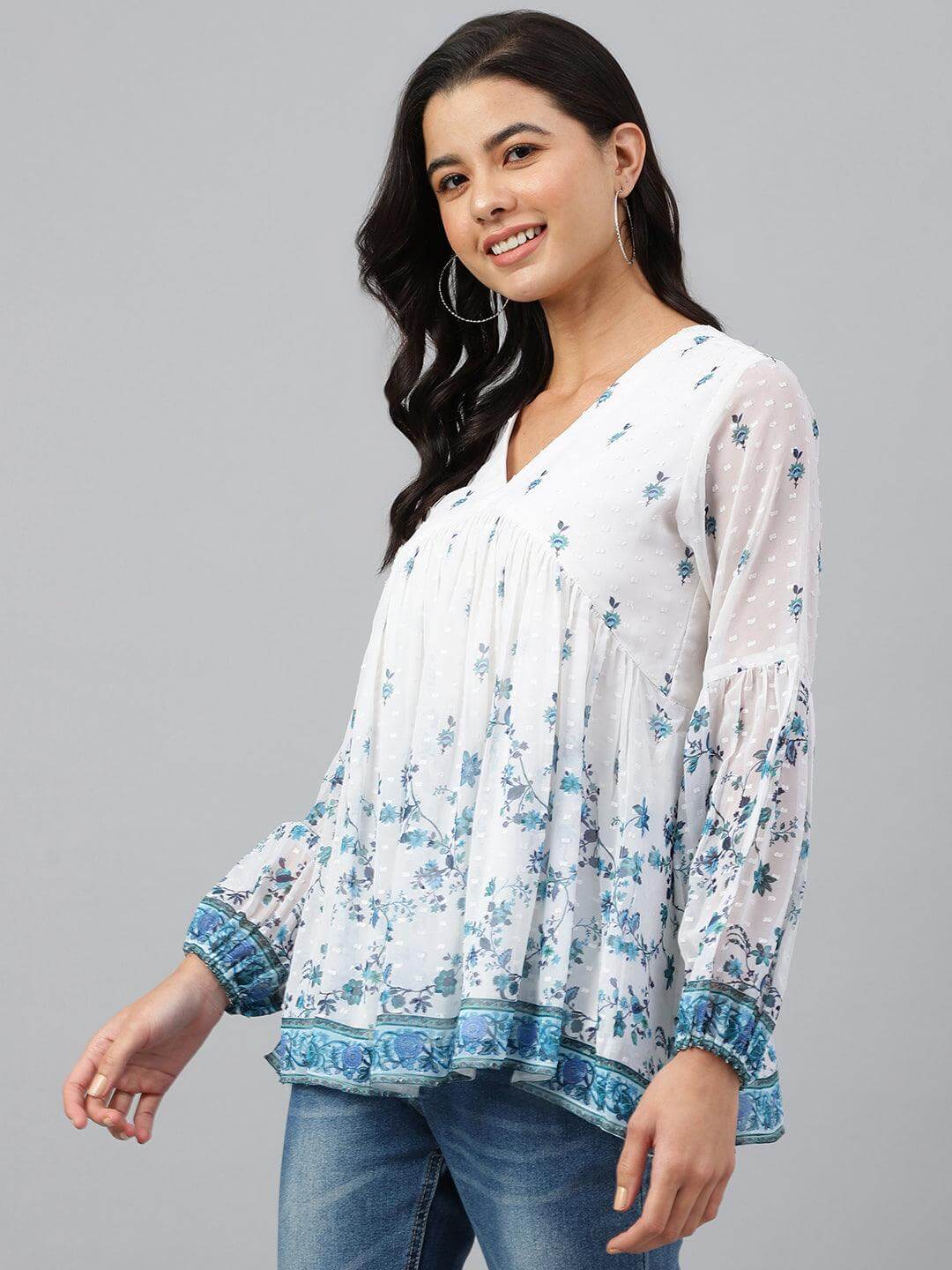 White Georgette Digital Print Flared Top Silae