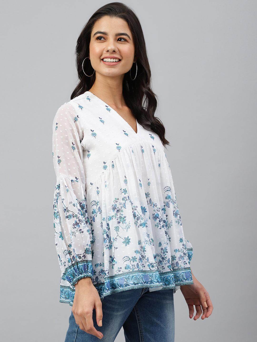 White Georgette Digital Print Flared Top Silae
