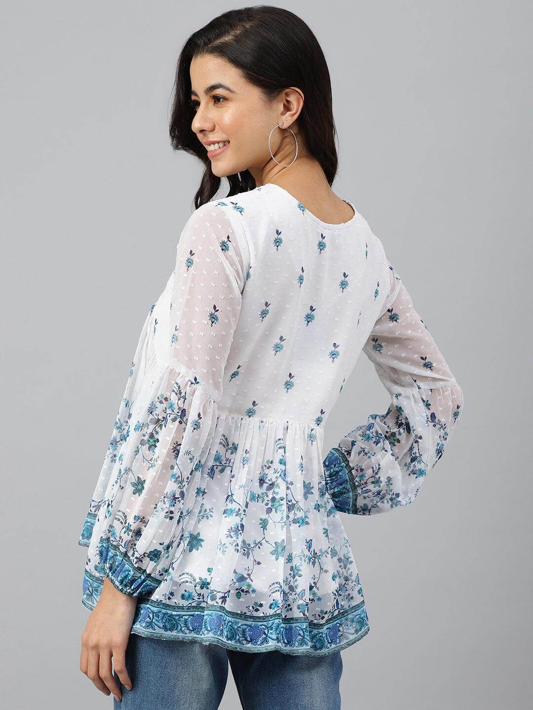White Georgette Digital Print Flared Top Silae