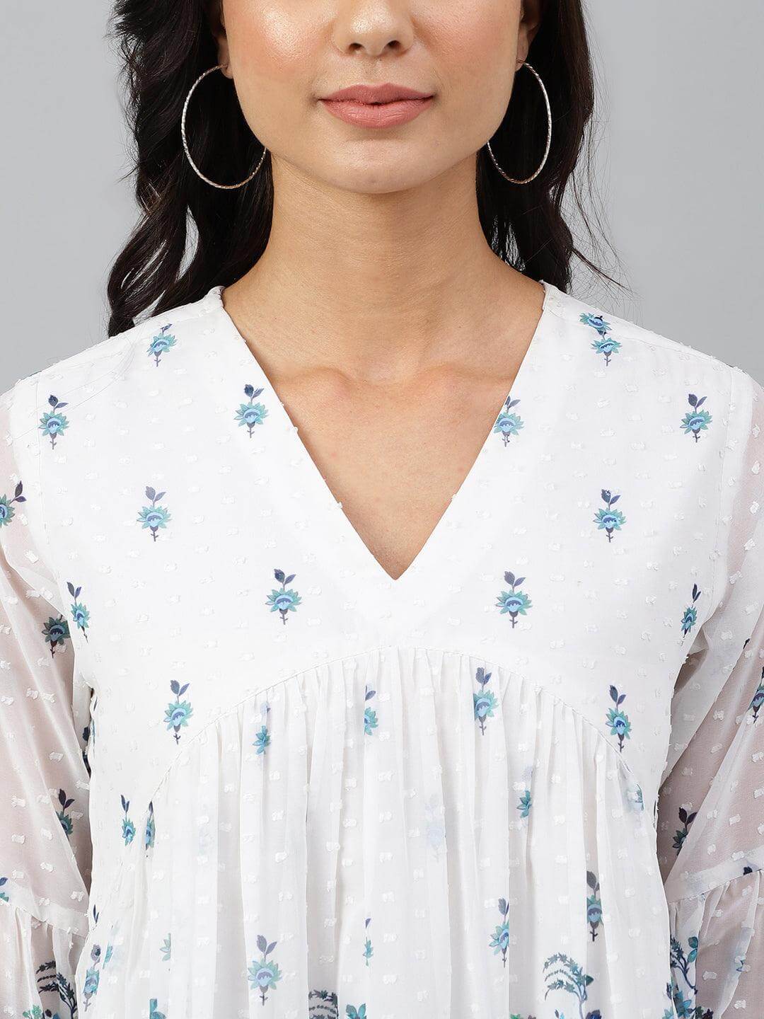 White Georgette Digital Print Flared Top Silae