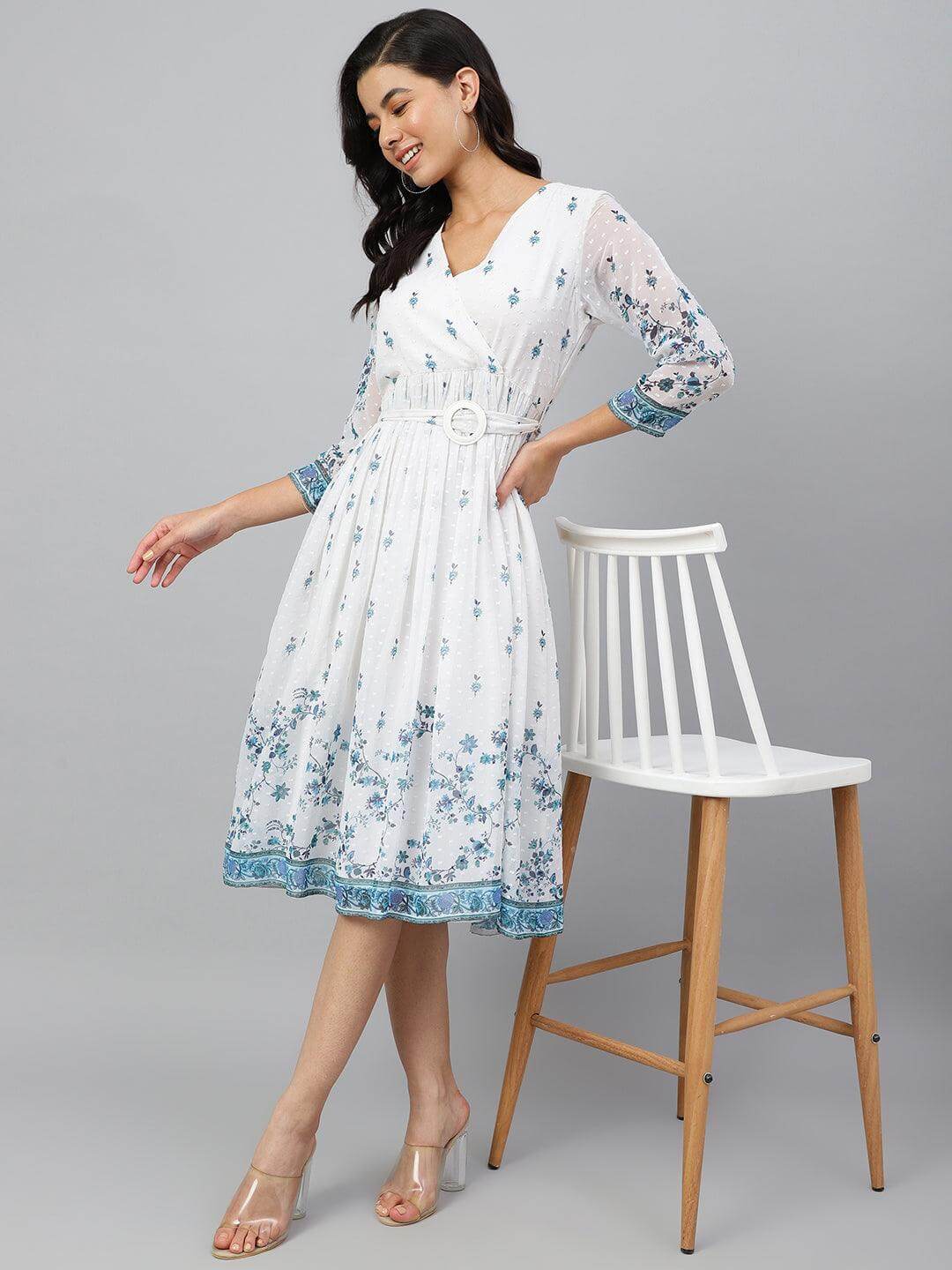 White Georgette Digital Print Flared Western Dress Silae