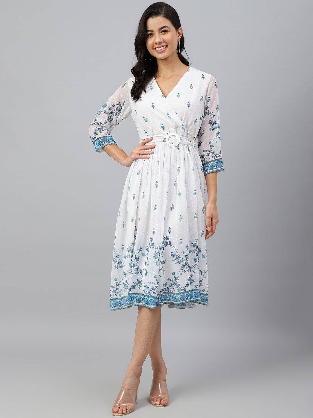 White Georgette Digital Print Flared Western Dress Silae