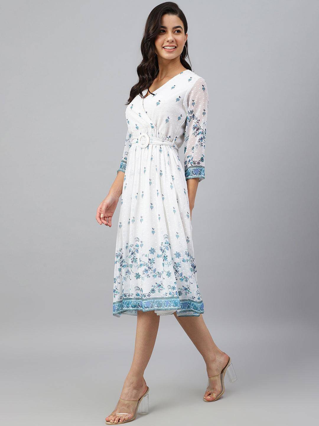 White Georgette Digital Print Flared Western Dress Silae
