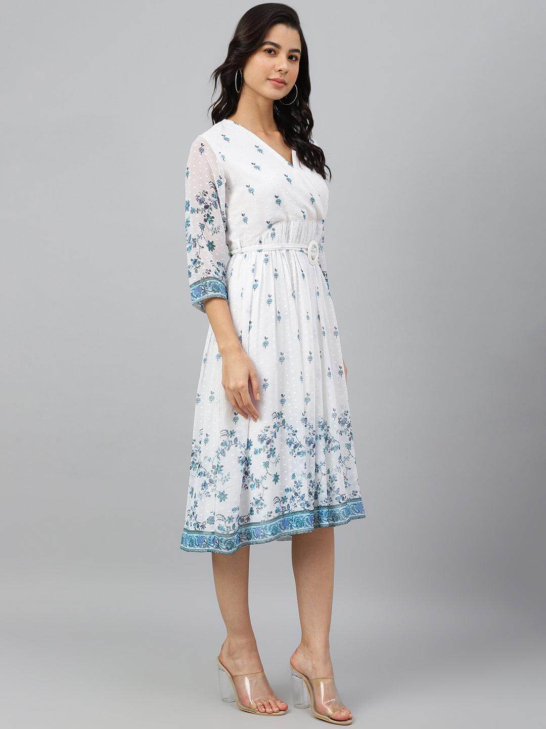 White Georgette Digital Print Flared Western Dress Silae