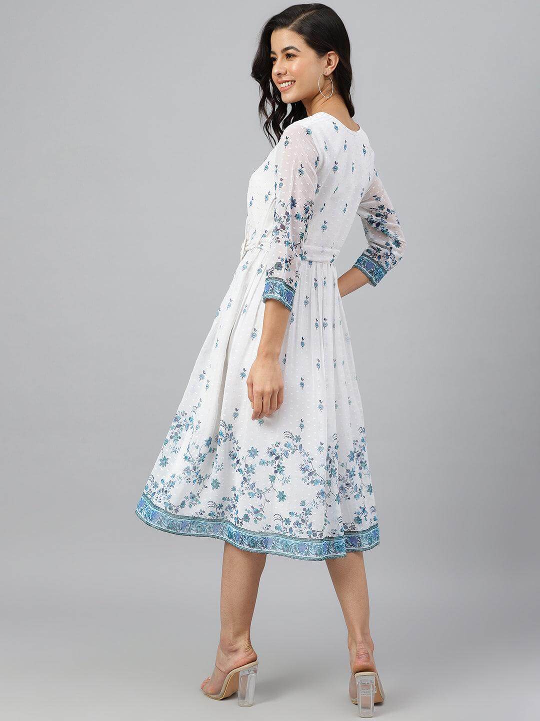 White Georgette Digital Print Flared Western Dress Silae