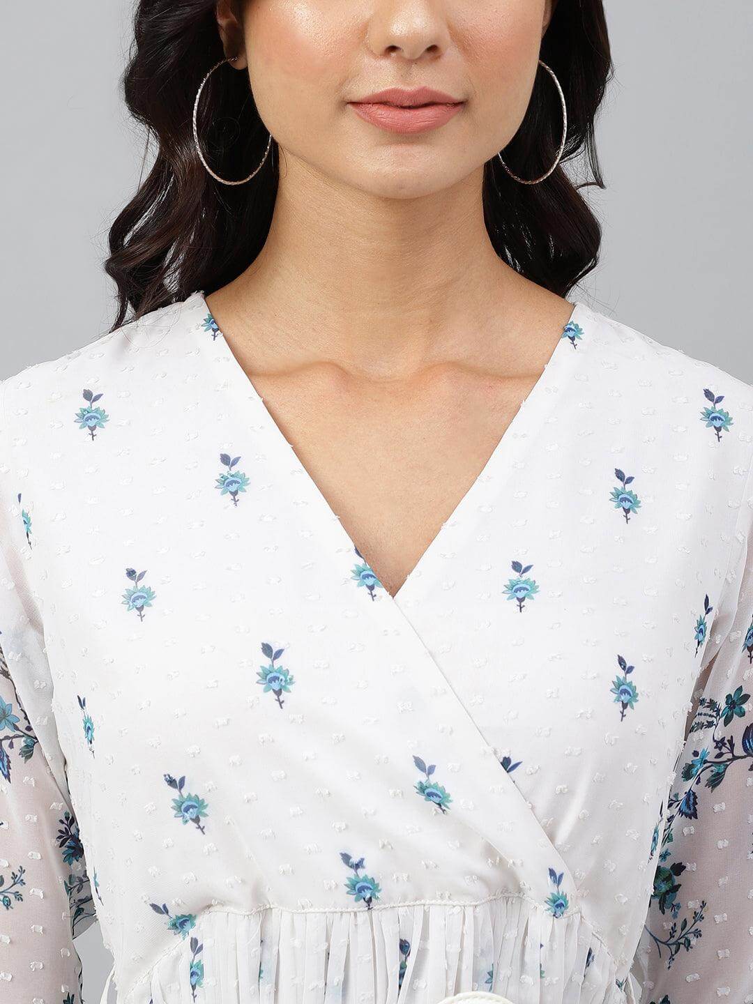 White Georgette Digital Print Flared Western Dress Silae