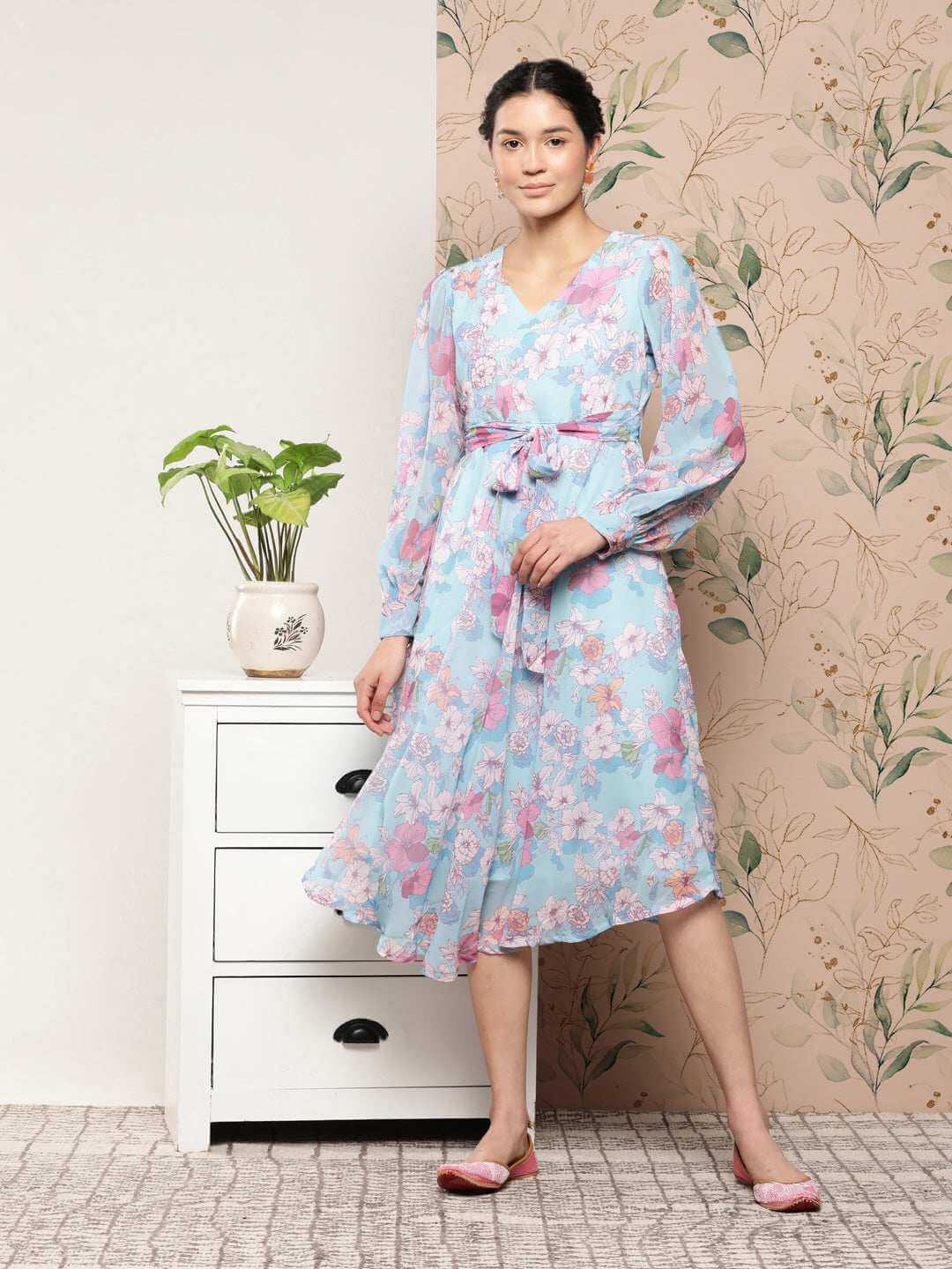 Sky Blue Georgette Floral Flared Western Dress Silae