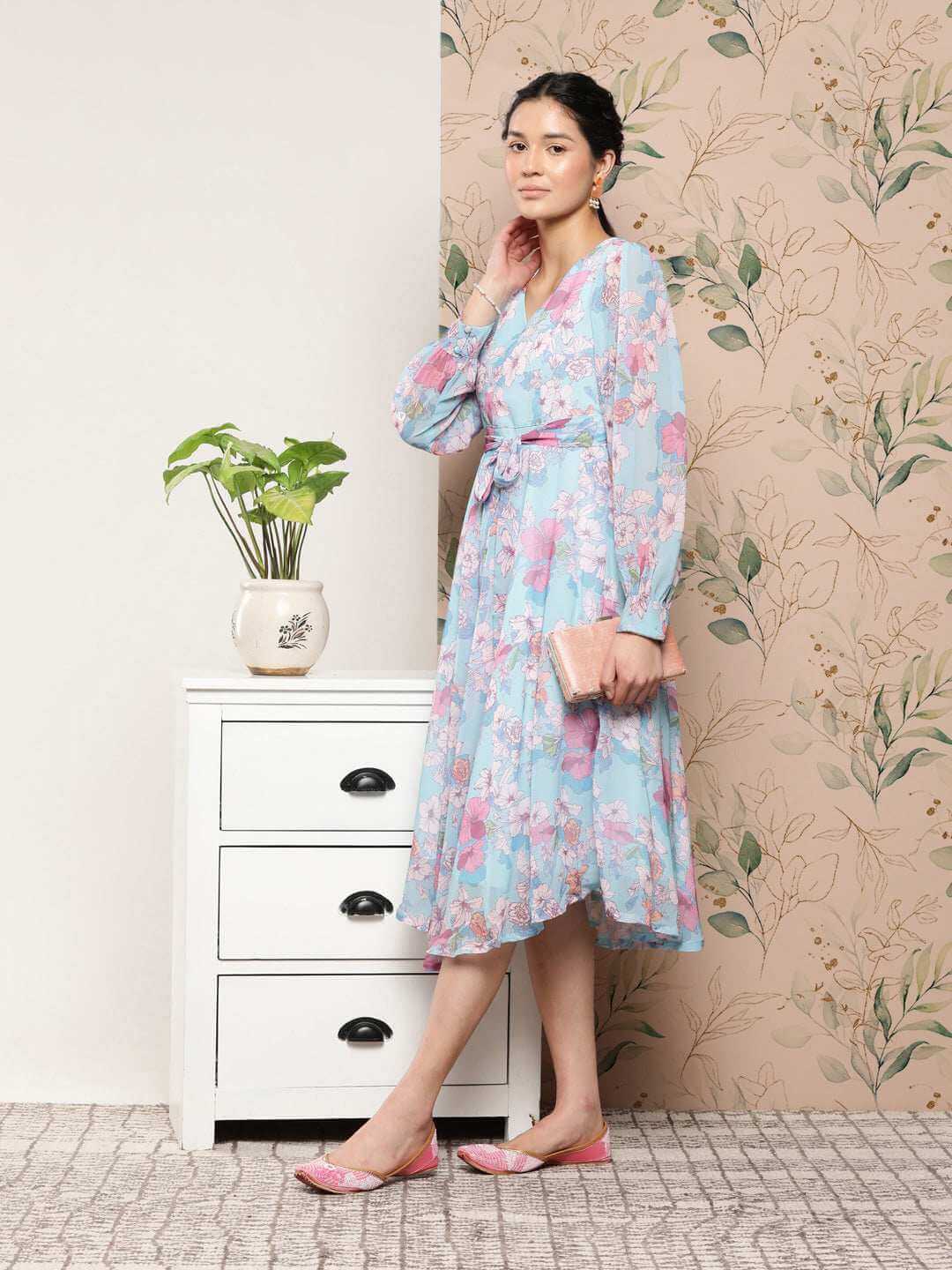 Sky Blue Georgette Floral Flared Western Dress Silae