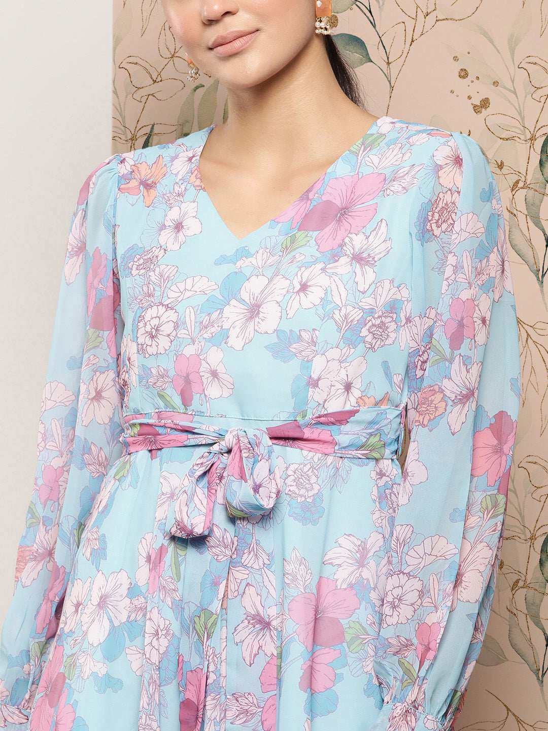 Sky Blue Georgette Floral Flared Western Dress Silae