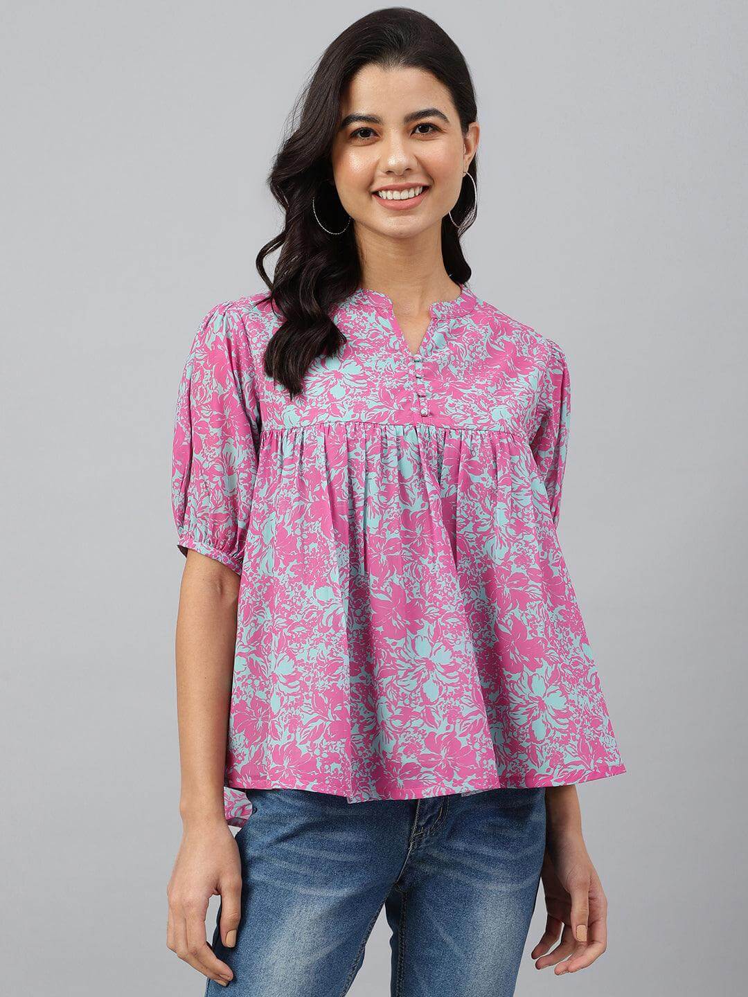 Women's-Pink-Georgette-Digital-Print-Flared-Top Silae