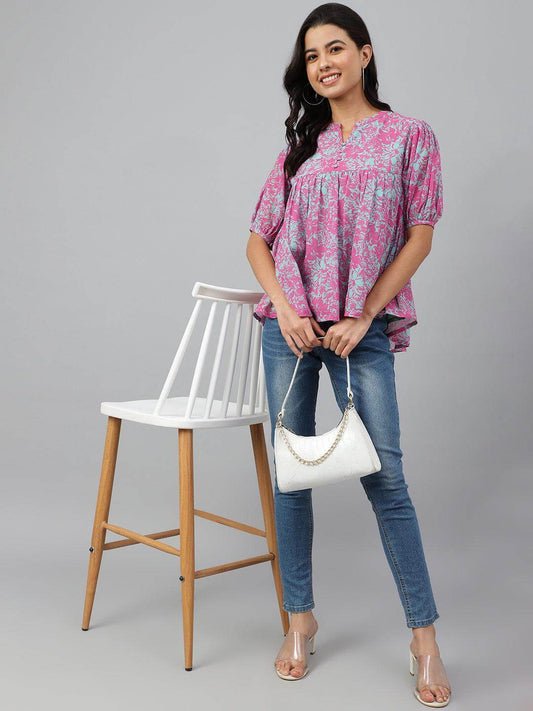 Women's-Pink-Georgette-Digital-Print-Flared-Top Silae
