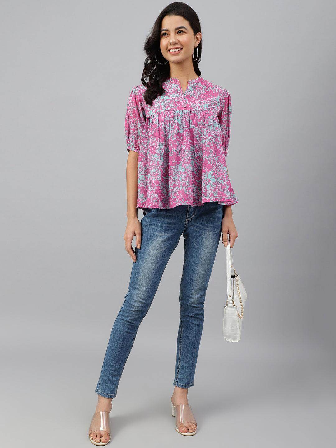 Women's-Pink-Georgette-Digital-Print-Flared-Top Silae