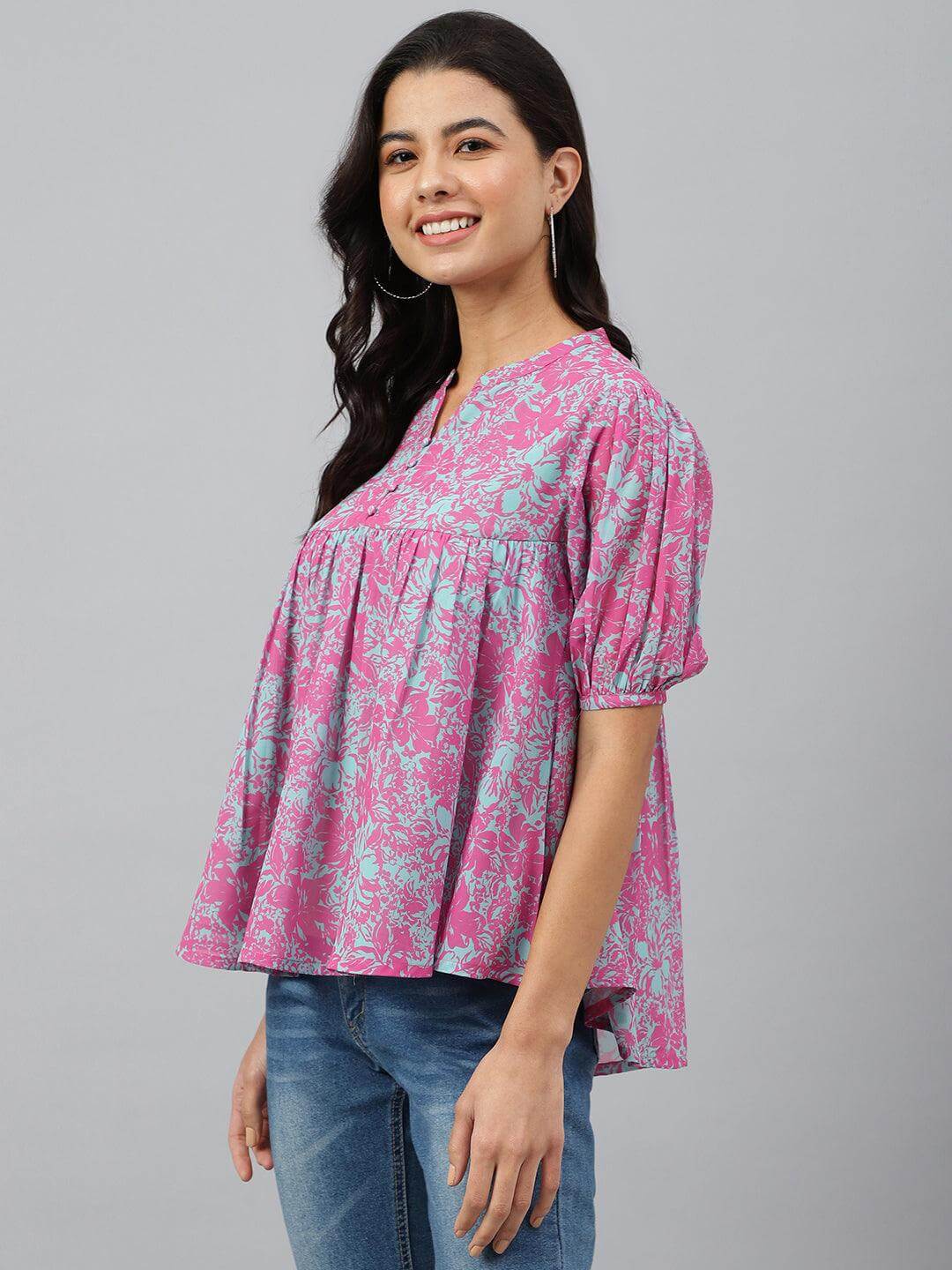 Women's-Pink-Georgette-Digital-Print-Flared-Top Silae