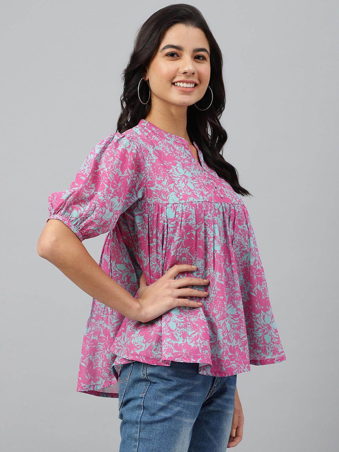 Women's-Pink-Georgette-Digital-Print-Flared-Top Silae