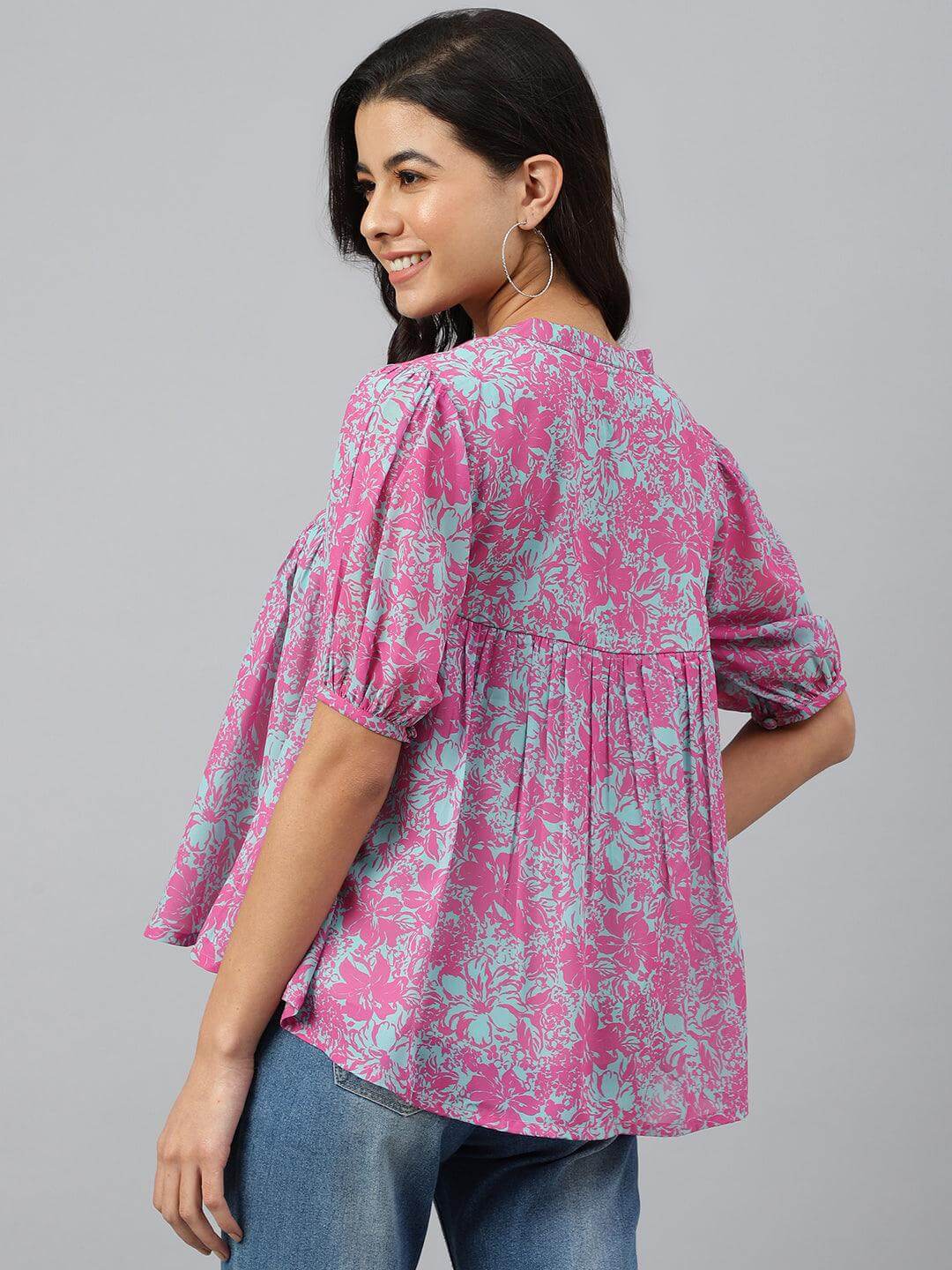 Women's-Pink-Georgette-Digital-Print-Flared-Top Silae