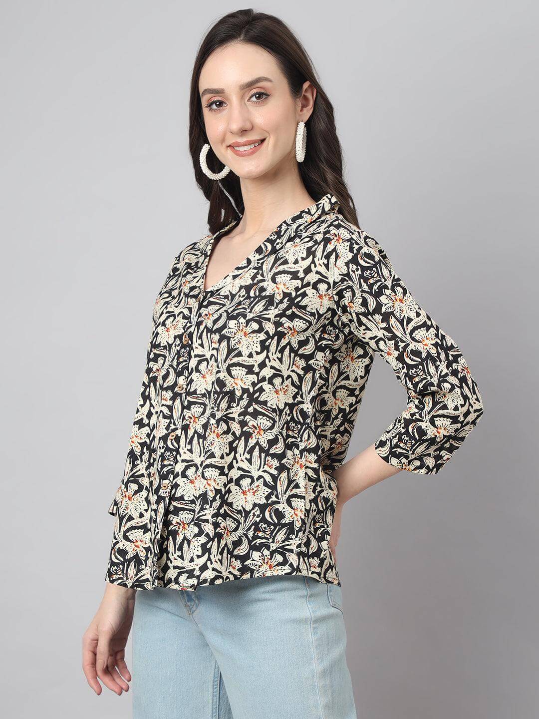 Women's Black Cotton Floral Print Regular Top Silae