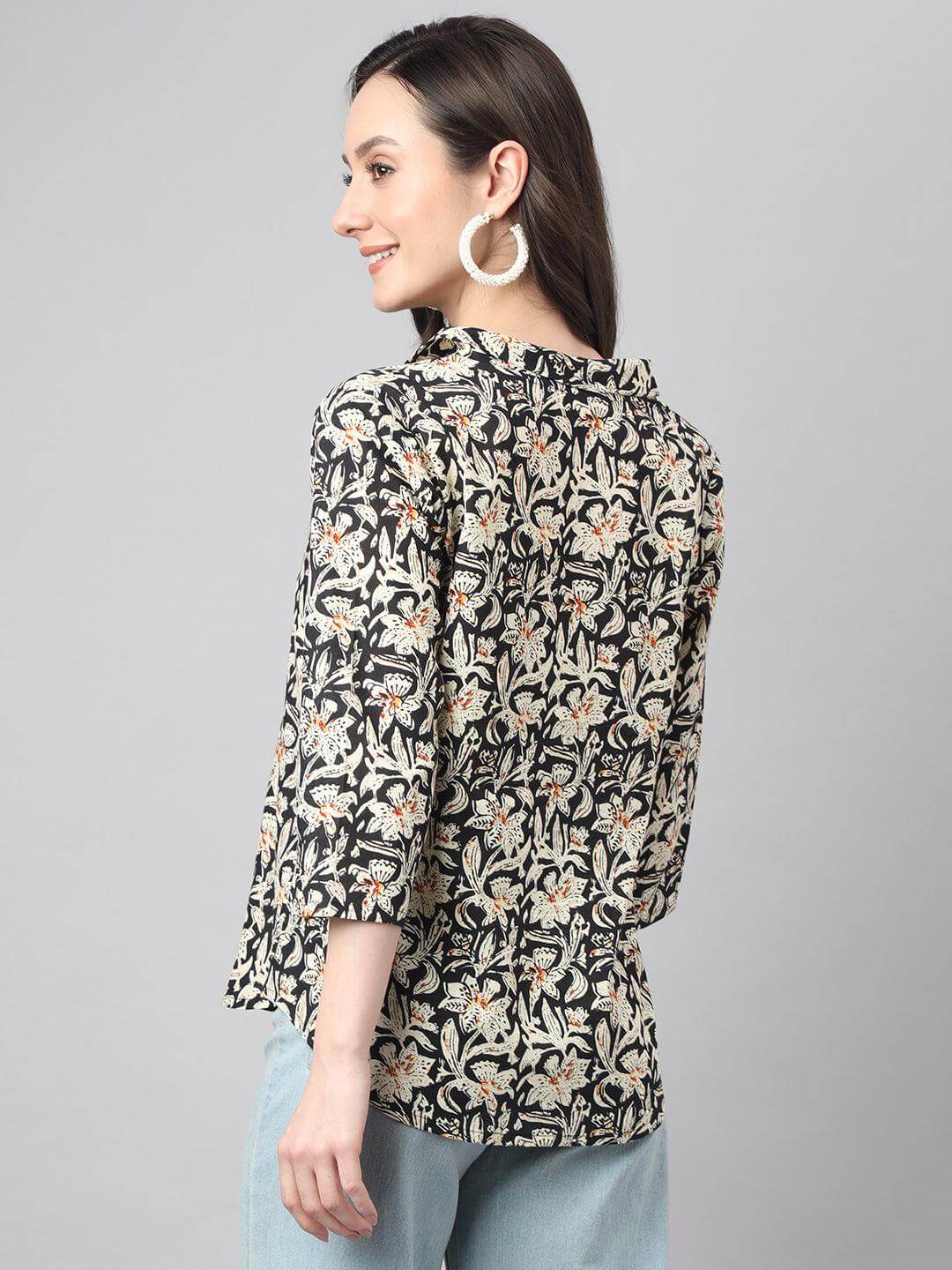 Women's Black Cotton Floral Print Regular Top Silae
