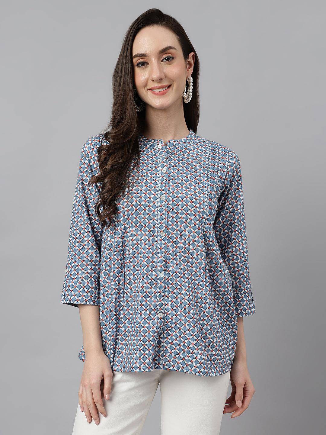 Blue Cotton Printed Regular Top Silae
