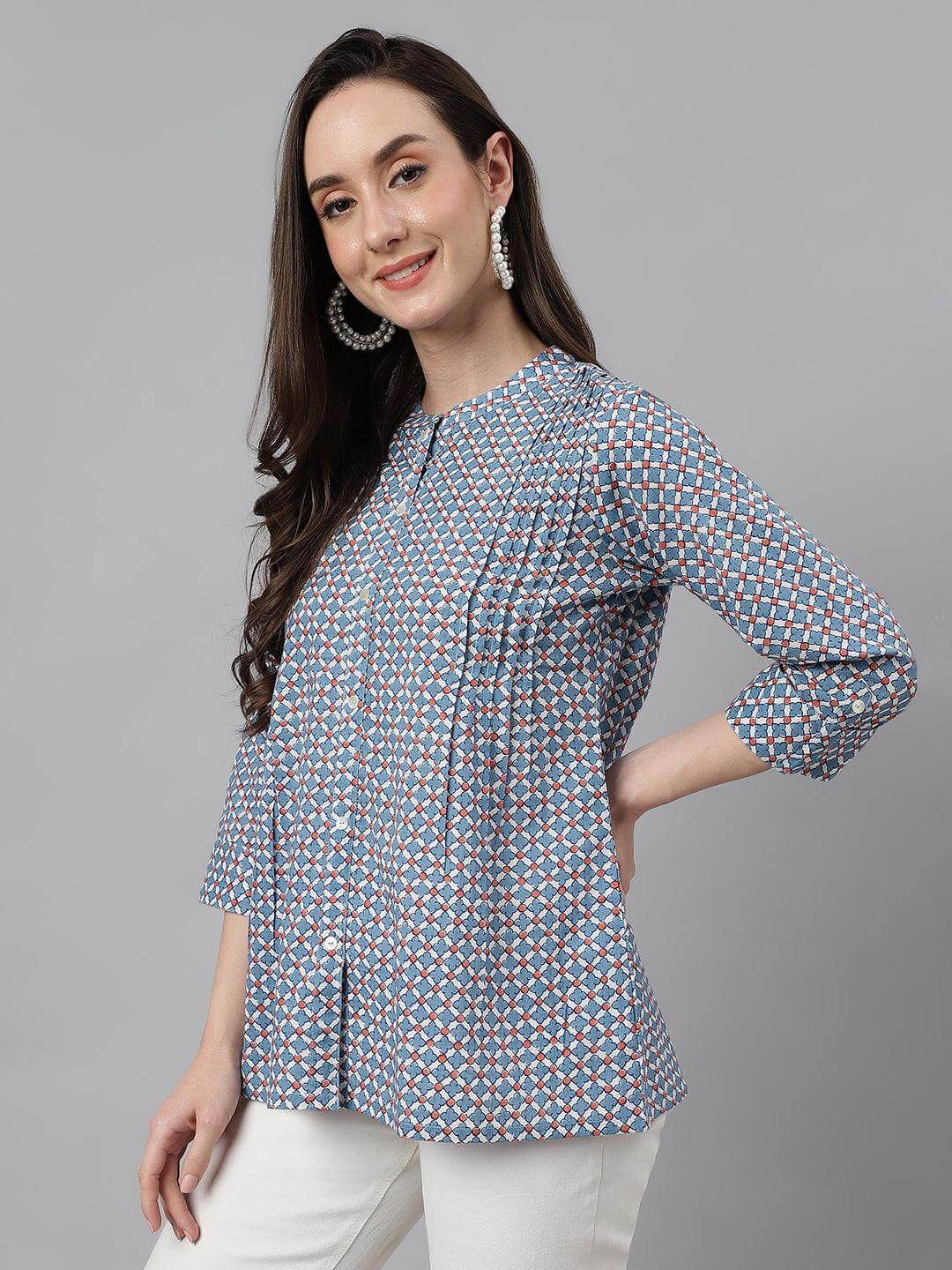 Blue Cotton Printed Regular Top Silae