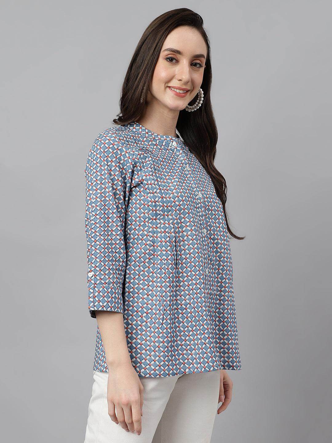 Blue Cotton Printed Regular Top Silae