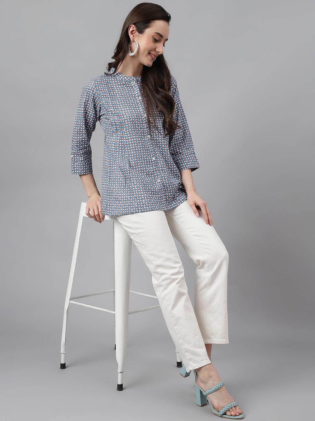 Blue Cotton Printed Regular Top Silae