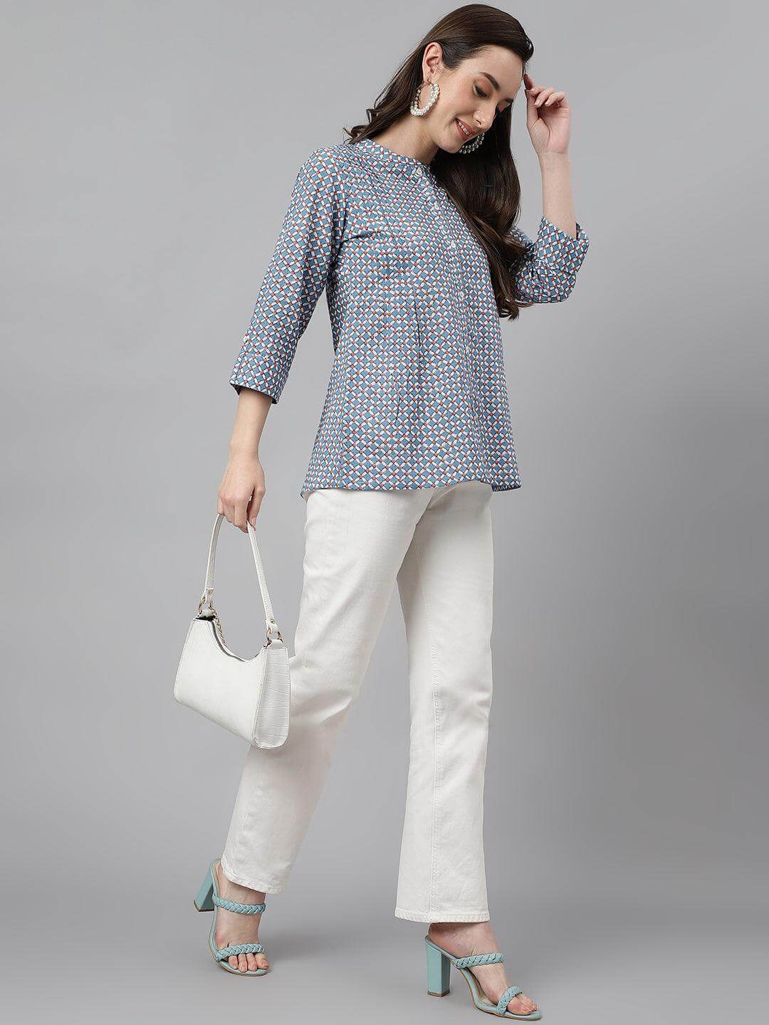 Blue Cotton Printed Regular Top Silae